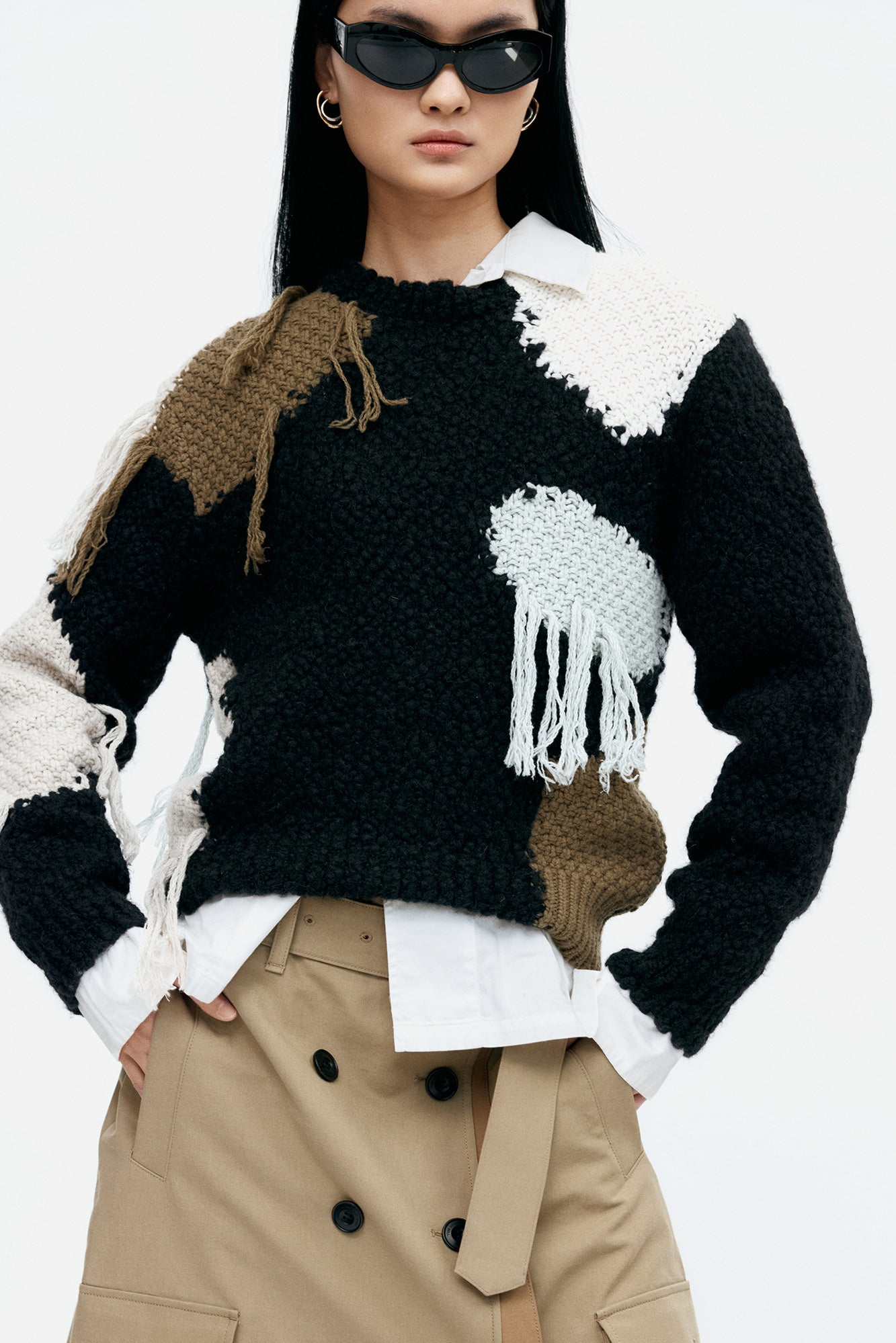 SYLVIA ABSTRACT PATCHWORK SWEATER atb1365w(BLACK)