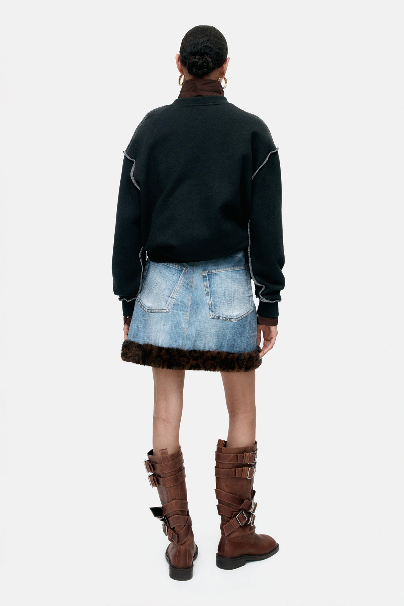 FUR-EDGED DENIM PRINT SKIRT apa863w(BLUE)