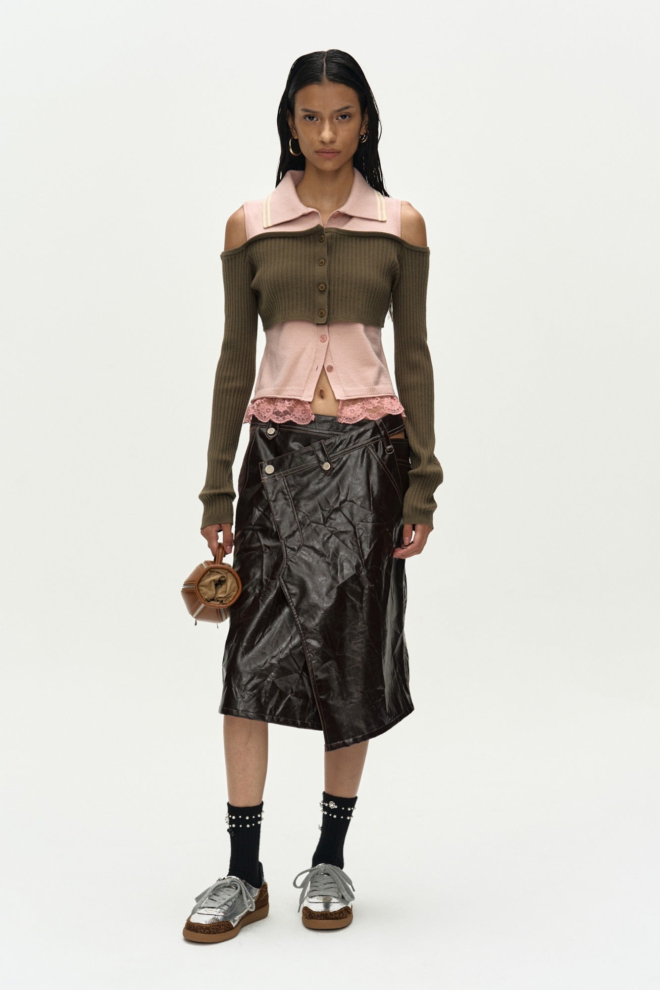 LAYERED OFF-SHOULDER COLLAR TOP atb1481w (KHAKI/PINK)
