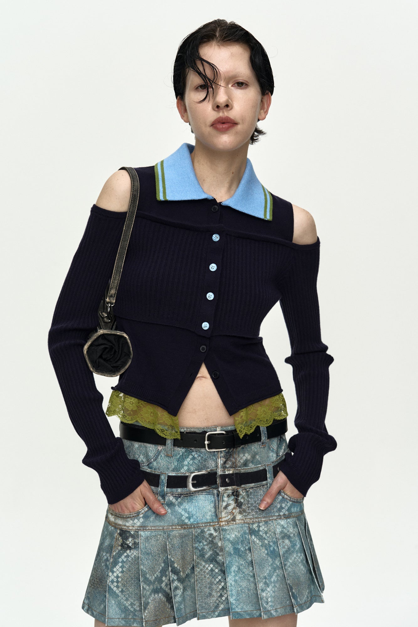LAYERED OFF-SHOULDER COLLAR TOP atb1481w (NAVY/BLUE)