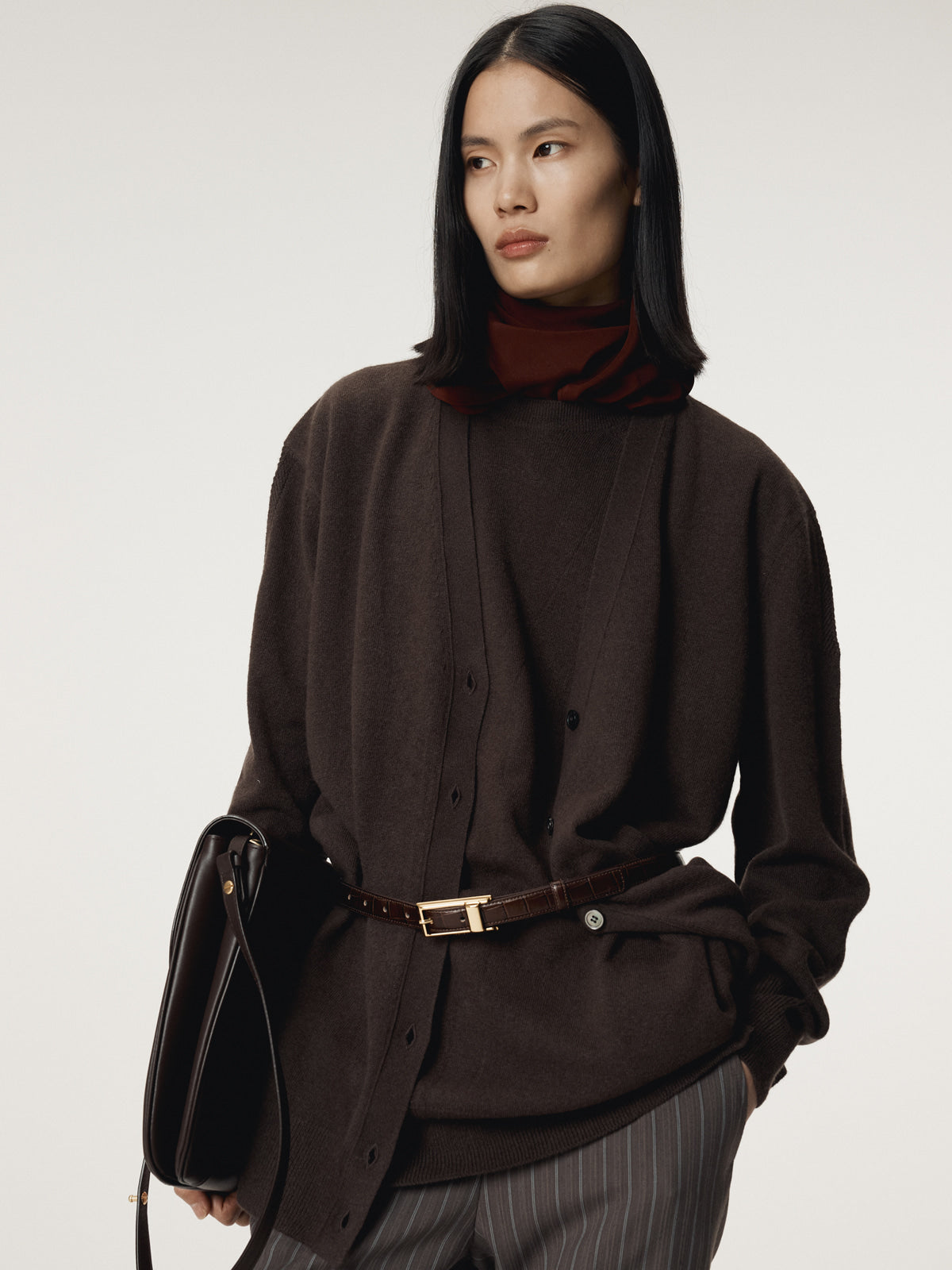 LAYERED CARDIGAN KNIT TOP (DARK CHOCOLATE)