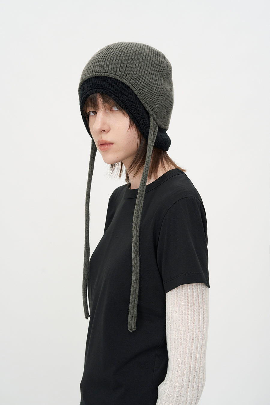 Layered Ear Cuff Beanie CHARCOAL