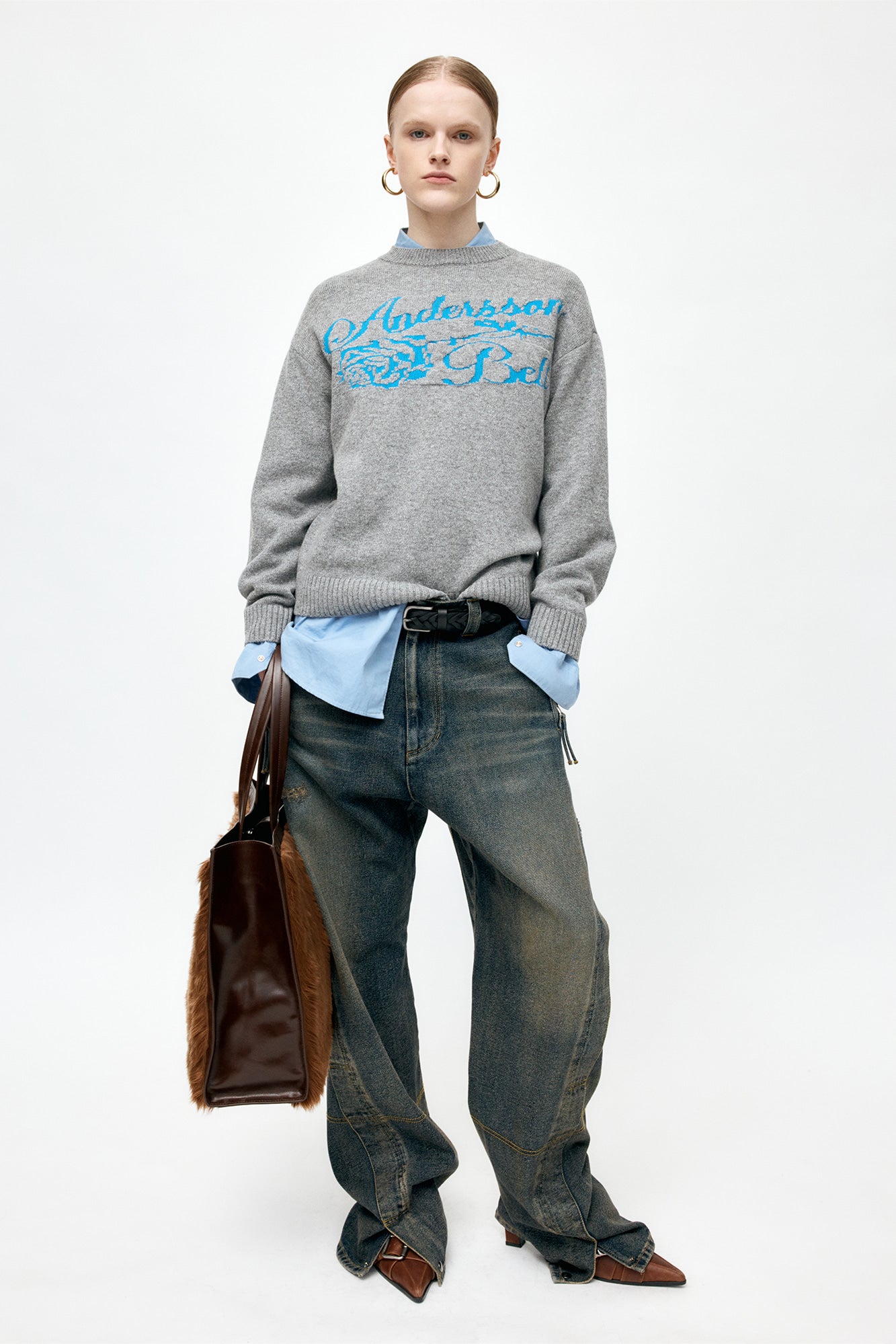UNISEX CASHMERE ROSE CREW-NECK SWEATER atb1372u (GREY)