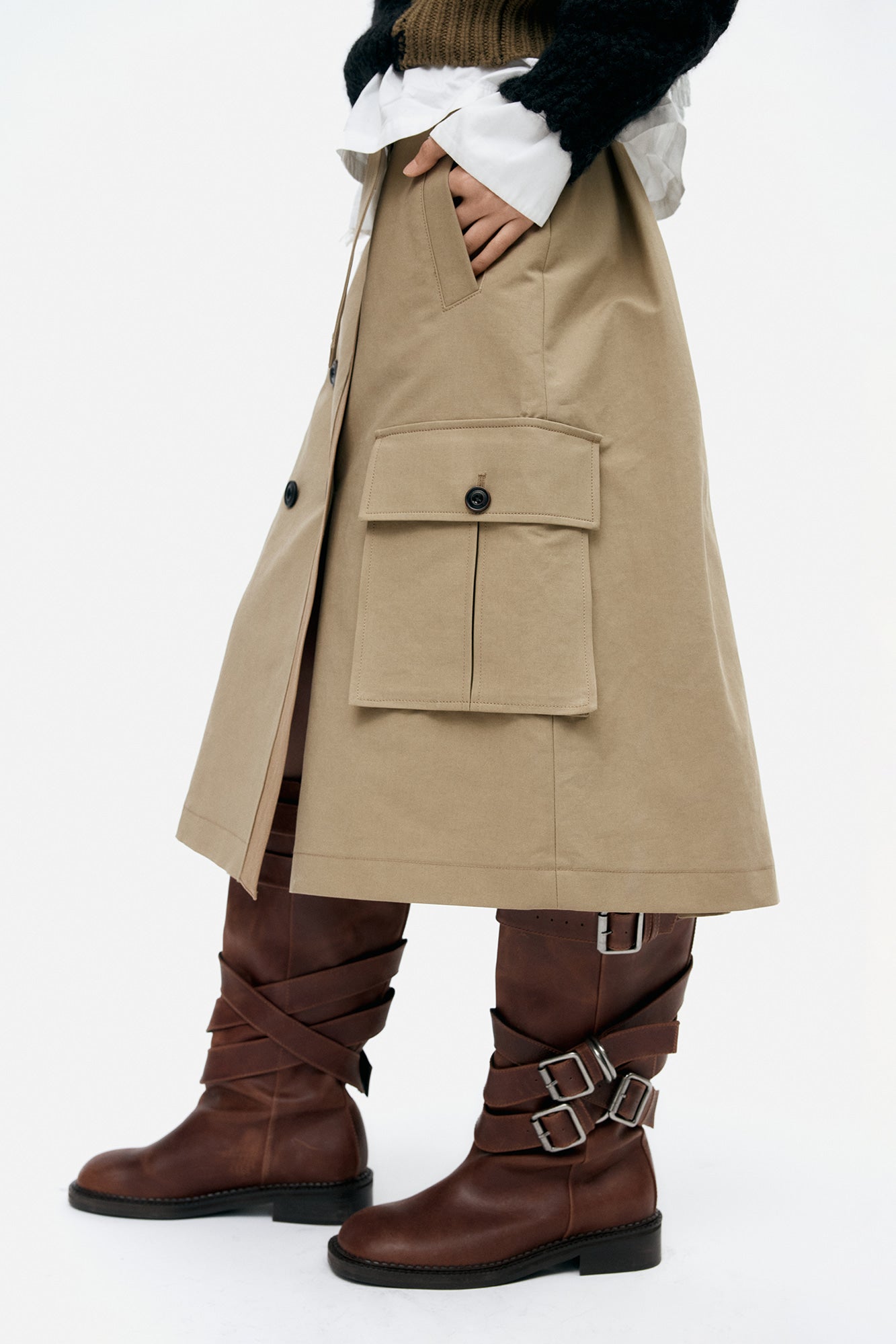 TRENCH PLEATS SKIRT apa849w (KHAKI)