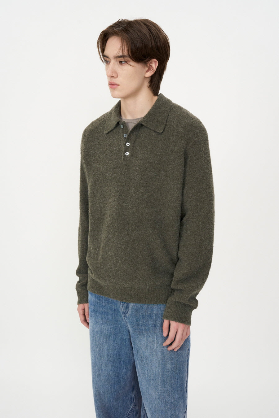 Baby Alpaca Boucle Collar Knit KHAKI