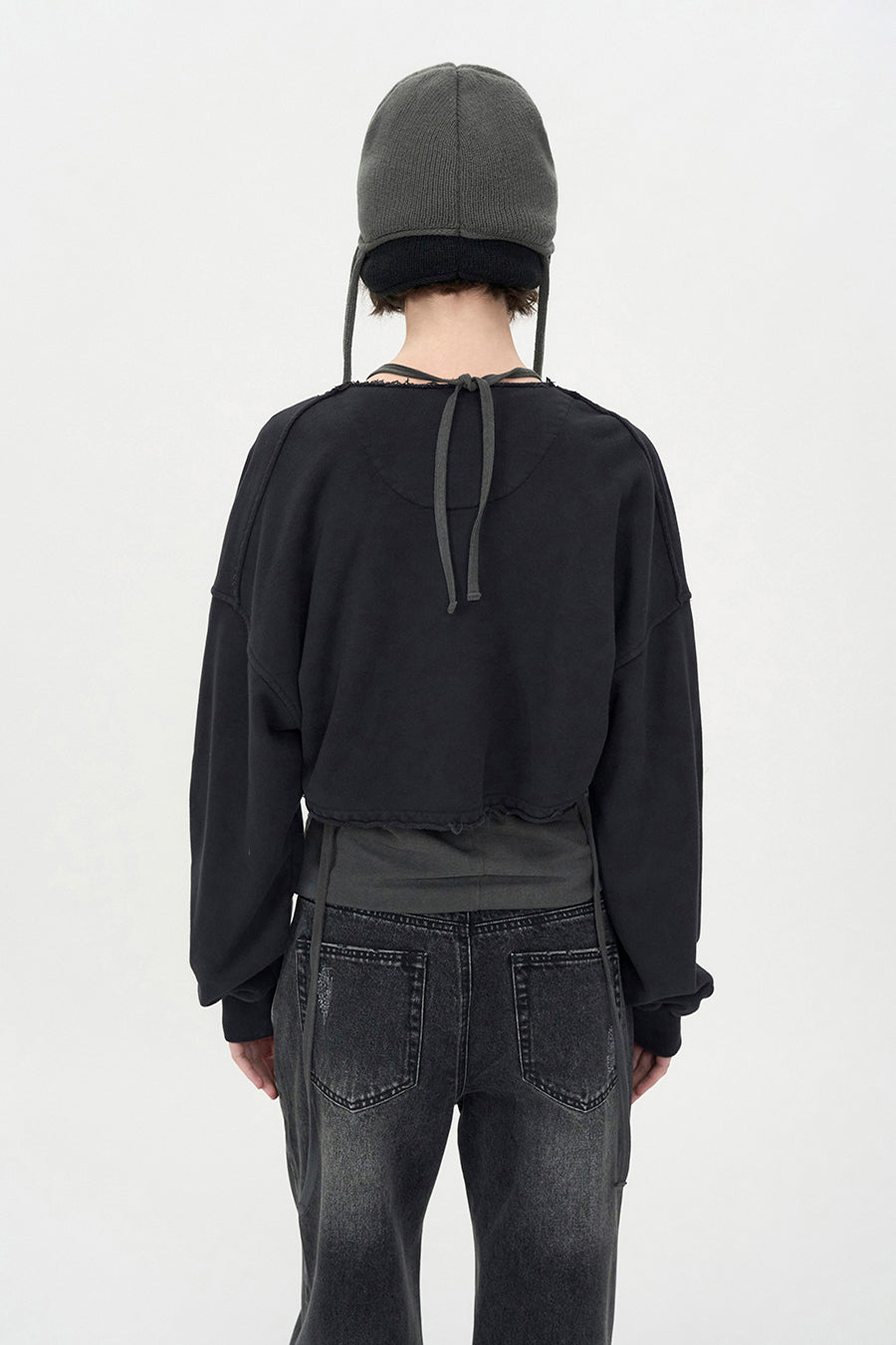 Cut-off Cotton Cardigan WASHED BLACK