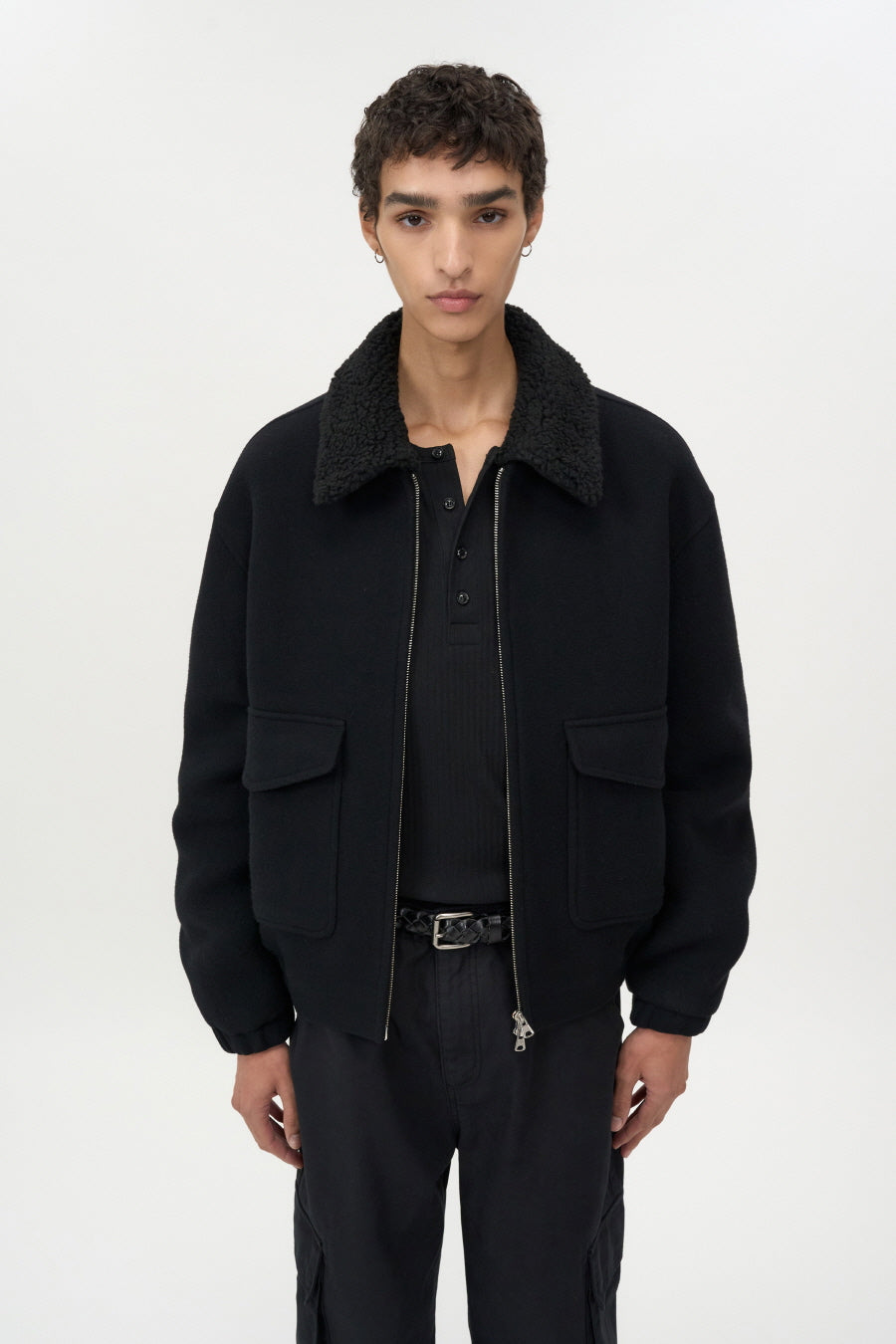 Detachable Collar Cashmere Blouson BLACK