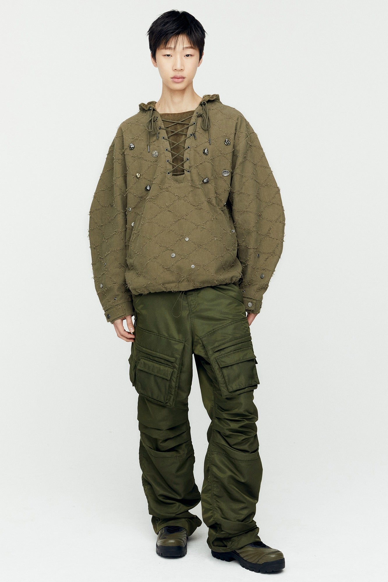 LACE-UP ANORAK HOODIE atb1141m(KHAKI)