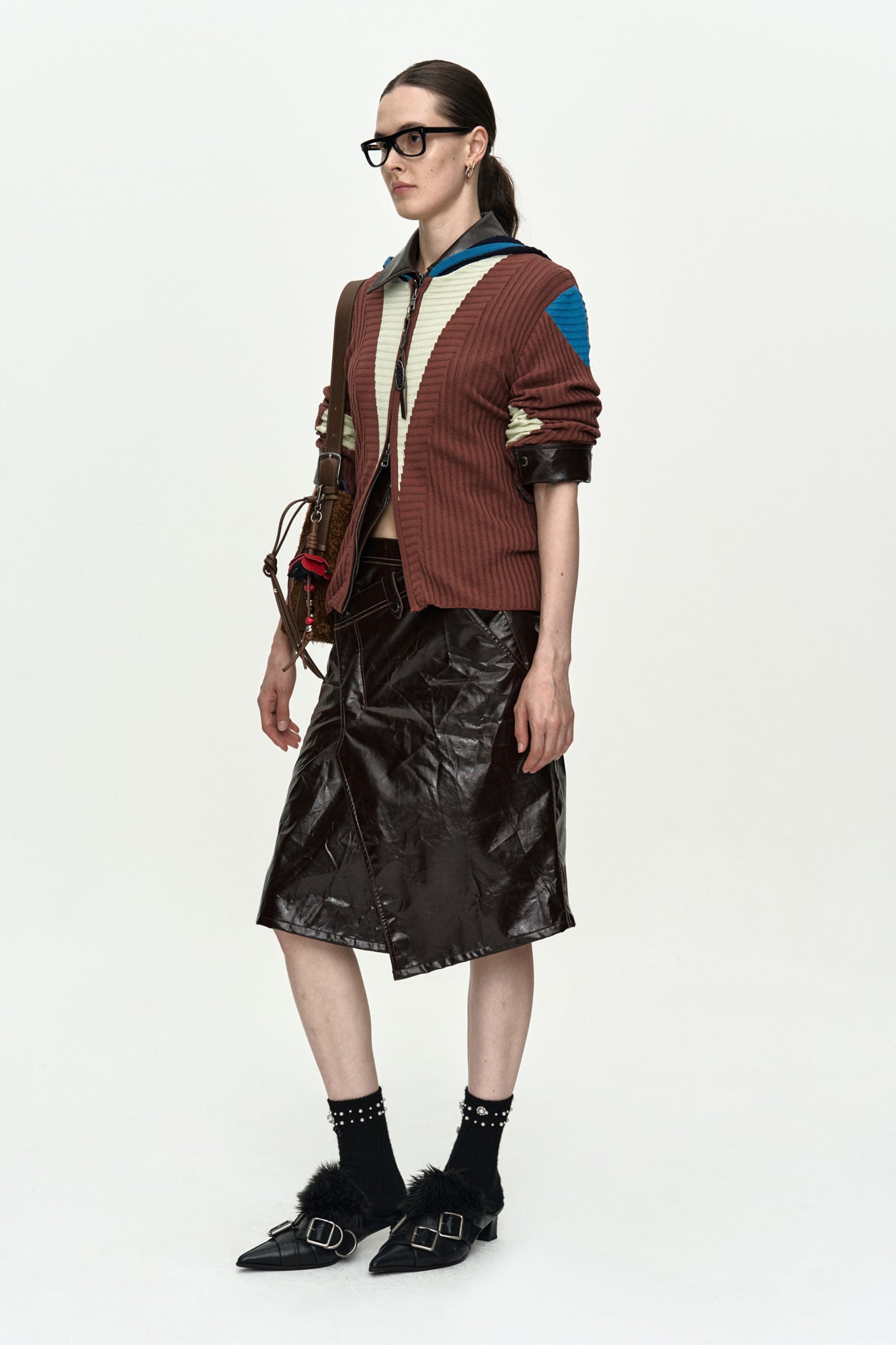 RISA COLOR-BLOCKED KNIT ZIP-UP HOODIE atb1494w(BROWN/LIME)
