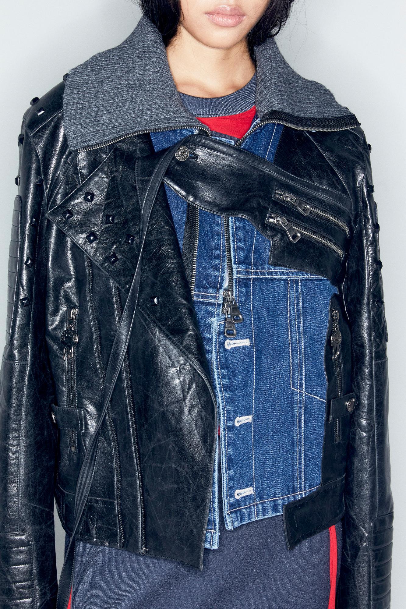 ADSB X OTTOLINGER DENIM FAUX LEATHER JACKET awa668w (BLACK)