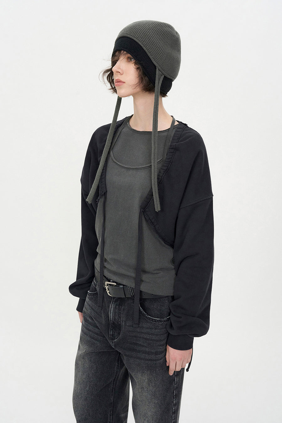 Cut-off Cotton Cardigan WASHED BLACK