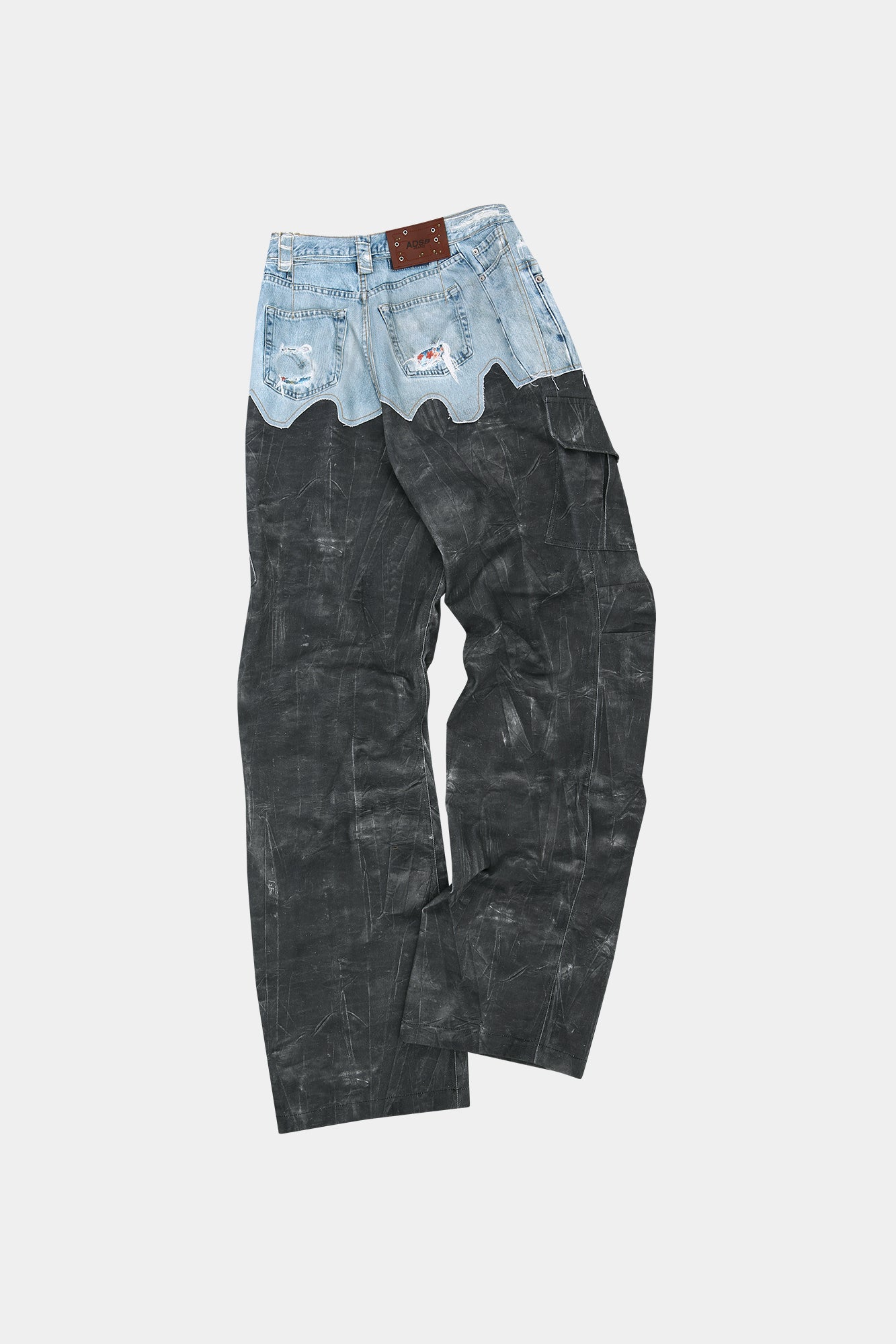 FAUX-DENIM & SCRATCH LEATHER PRINTED CARGO-PANTS