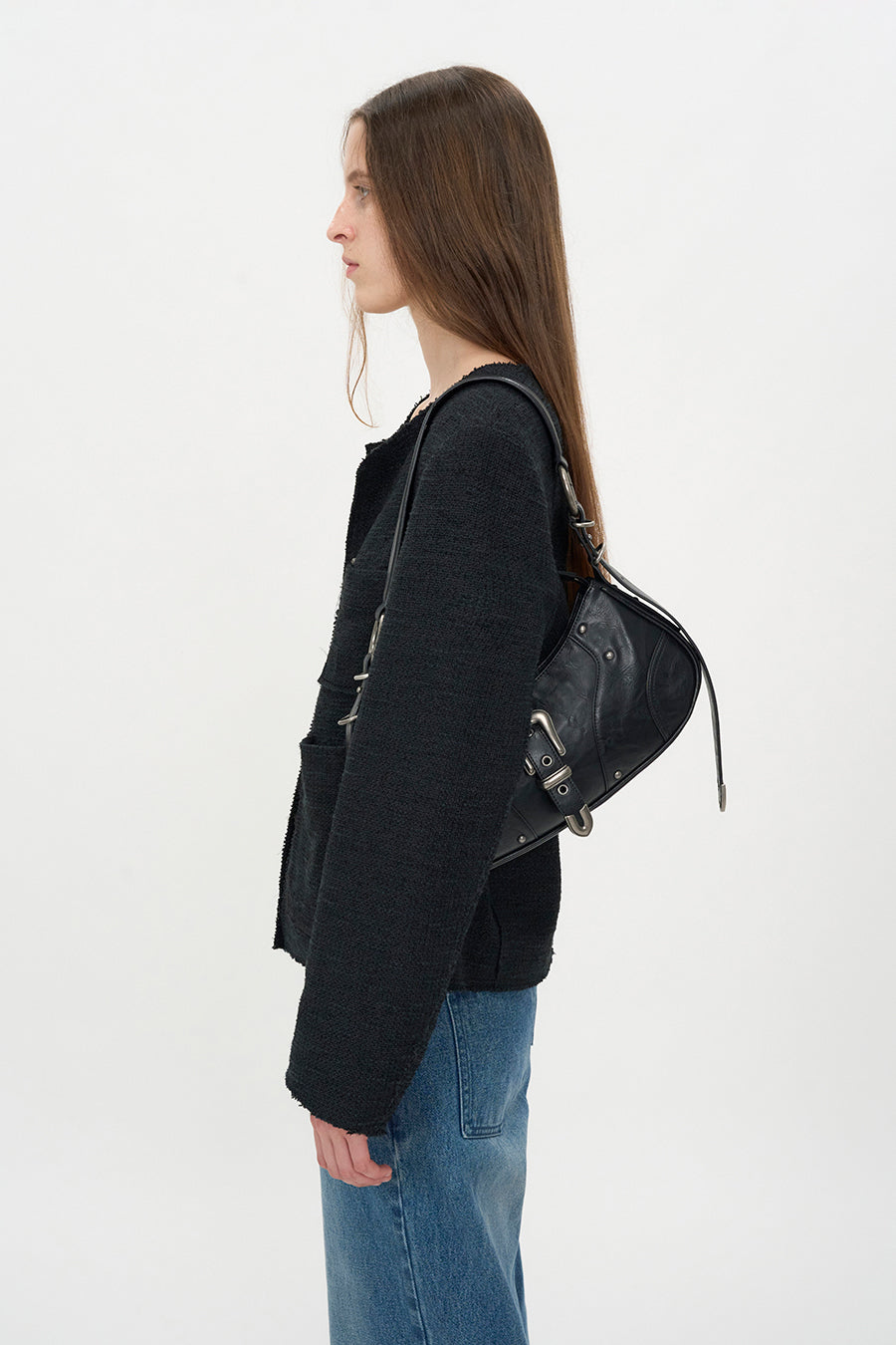 Powleder Buckle Shoulder Bag BLACK