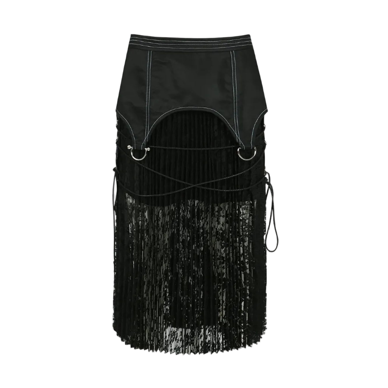 LACE COMBINATION PLEATS LONG SKIRT apa762w (BLACK)