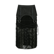 LACE COMBINATION PLEATS LONG SKIRT apa762w (BLACK)
