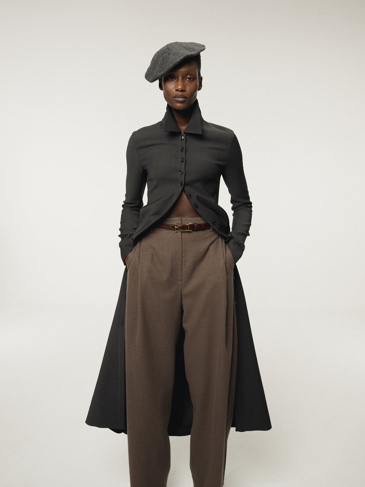 PLEATS LAYERED WOOL PANTS (GREYISH KHAKI)