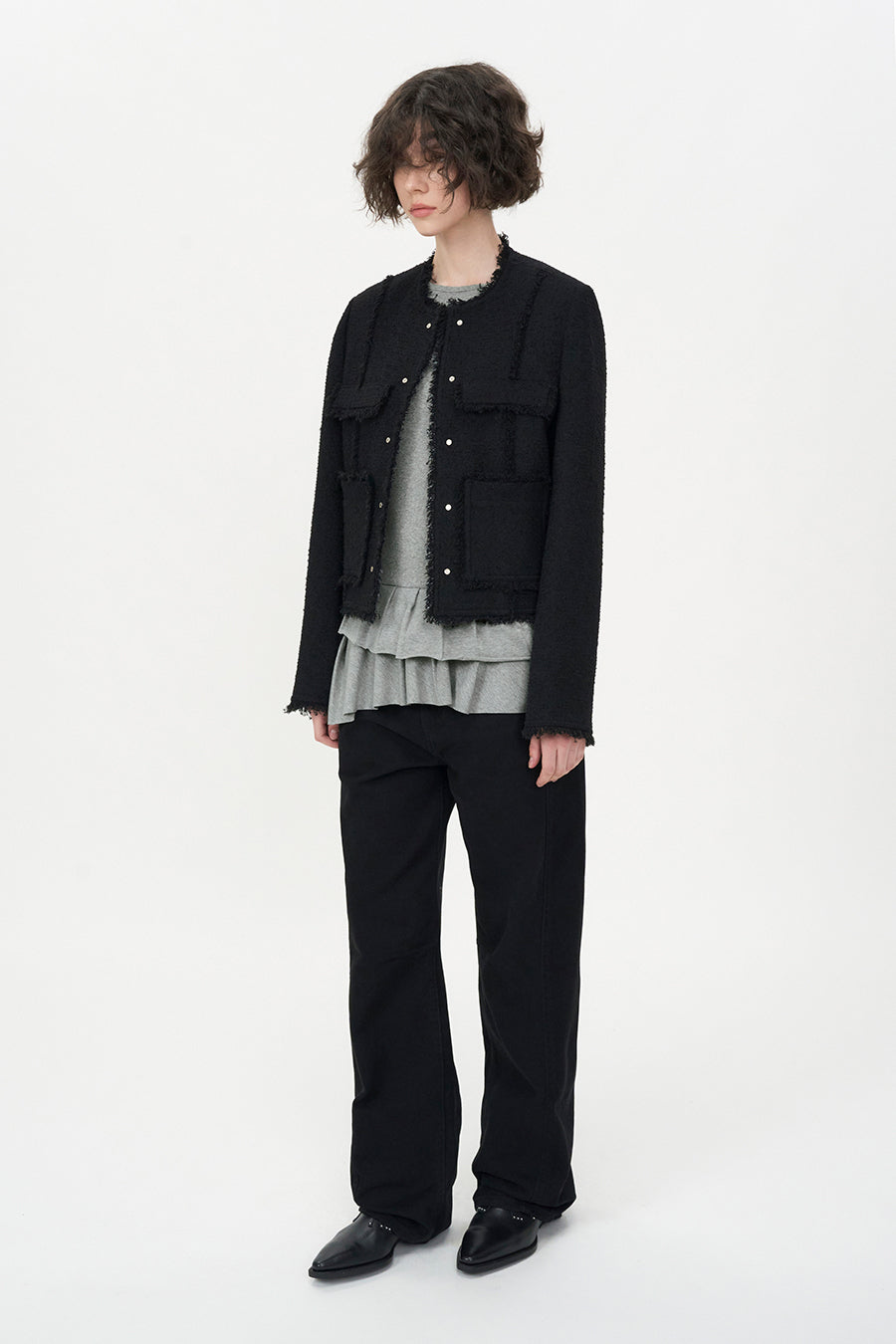 Curved Line Cotton Denim BLACK