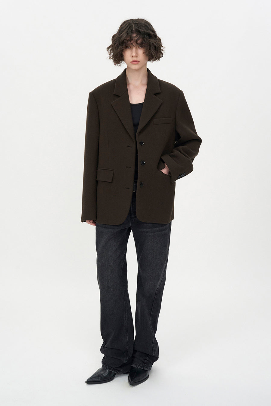 Wool Three-Button Blazer BROWN