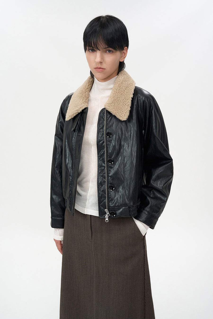 Detachable Fur Leather Blouson BLACK