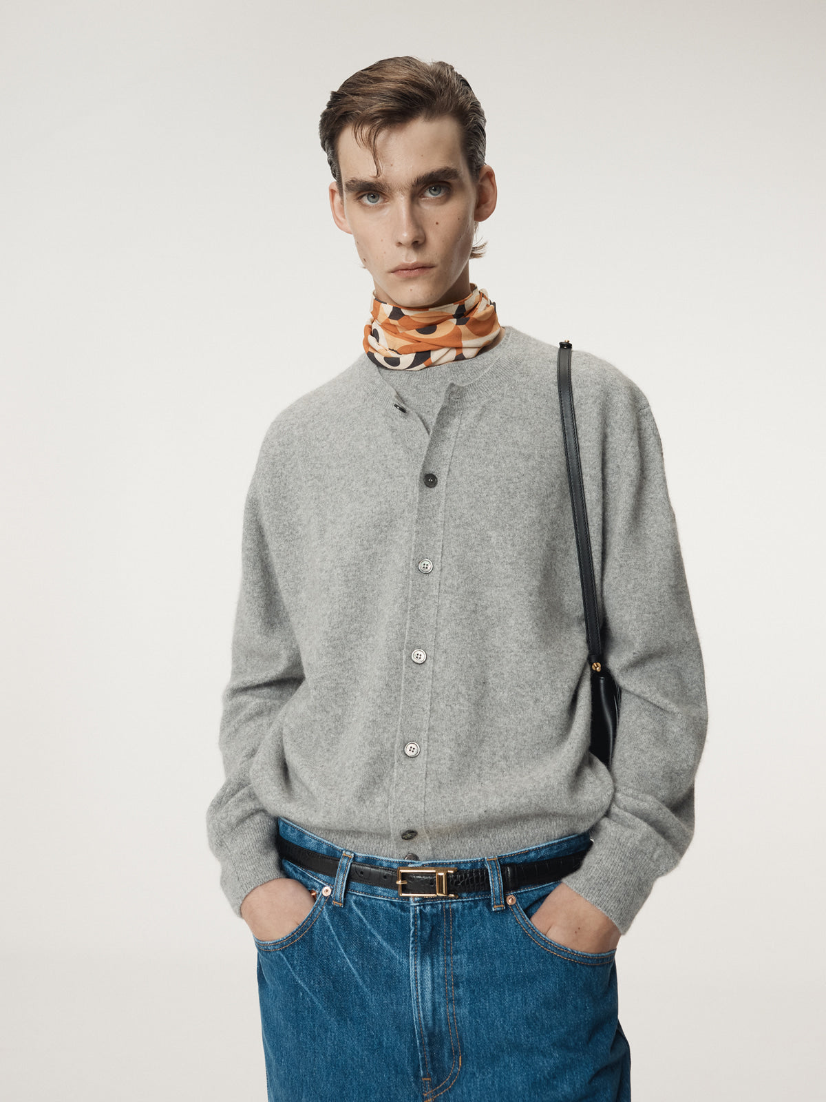 CREW NECK LAYERED CARDIGAN KNIT TOP (MELANGE GREY)