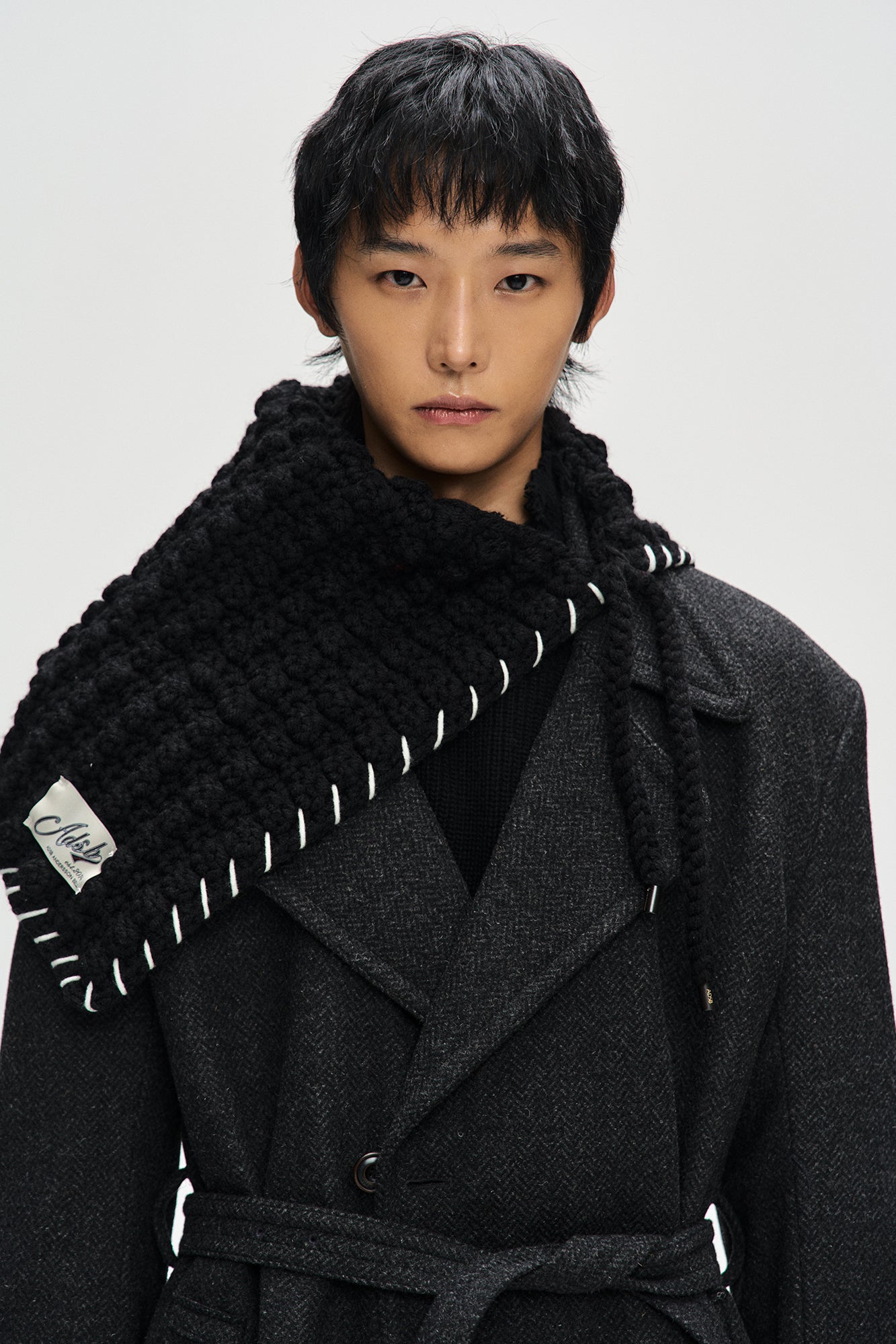 CHUNKY WOOL-BLEND HAND KNITTED SCARF aaa428u (BLACK)