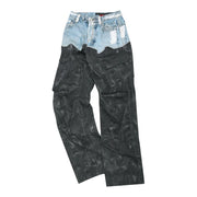 FAUX-DENIM & SCRATCH LEATHER PRINTED CARGO-PANTS