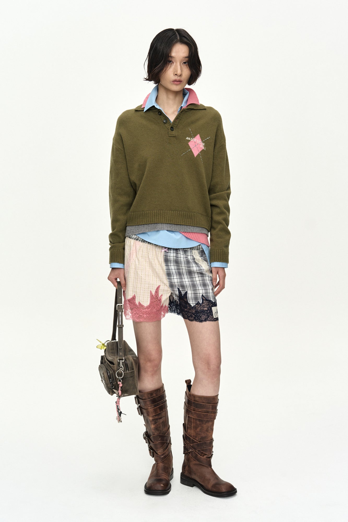 DOUBLE COLLAR ARGYLE LOGO SWEATER atb1475w (KHAKI/PINK)