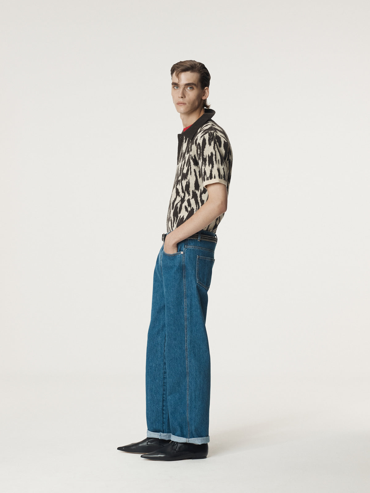 LEOPARD JACQUARD POLO KNIT TOP (DARK BROWN)