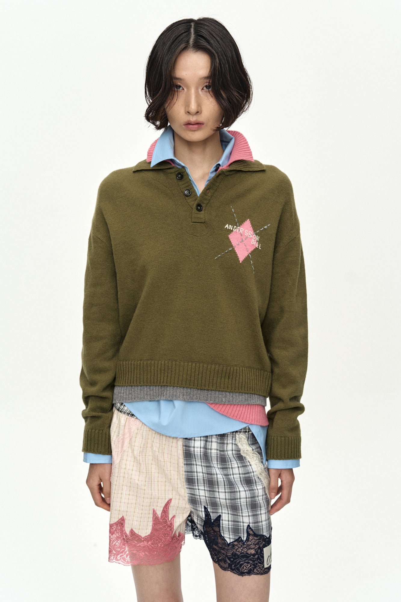 DOUBLE COLLAR ARGYLE LOGO SWEATER atb1475w (KHAKI/PINK)