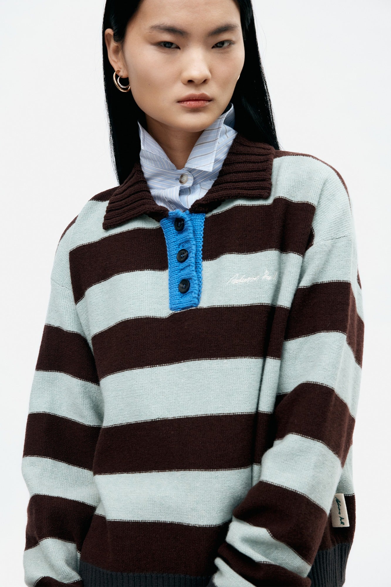 BOLD STRIPE COLLAR SWEATER atb1385w (BROWN/JADE)