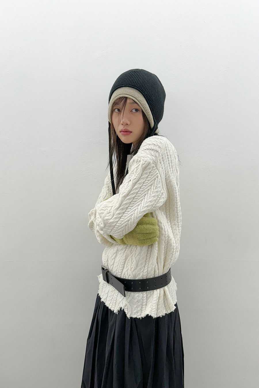 Layered Ear Cuff Beanie BLACK