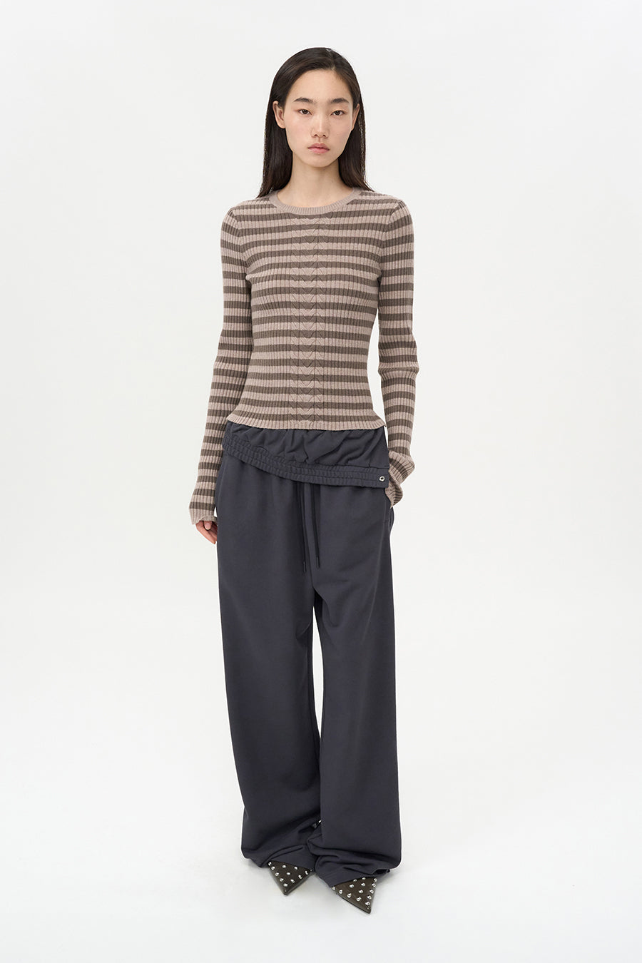 Stripe Cable Pullover PINK BEIGE