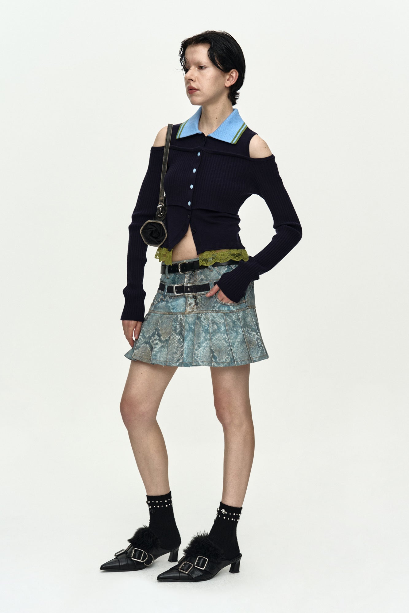 LAYERED OFF-SHOULDER COLLAR TOP atb1481w (NAVY/BLUE)