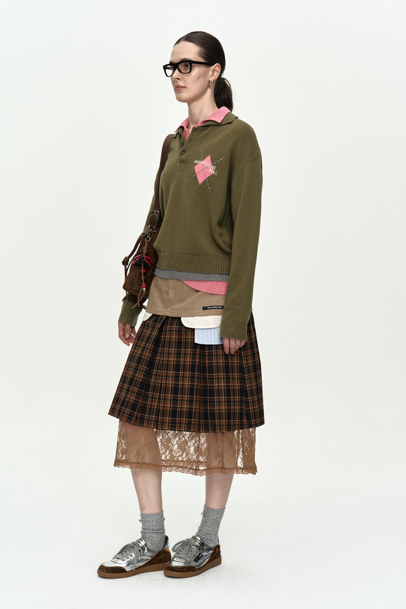 DOUBLE COLLAR ARGYLE LOGO SWEATER atb1475w (KHAKI/PINK)