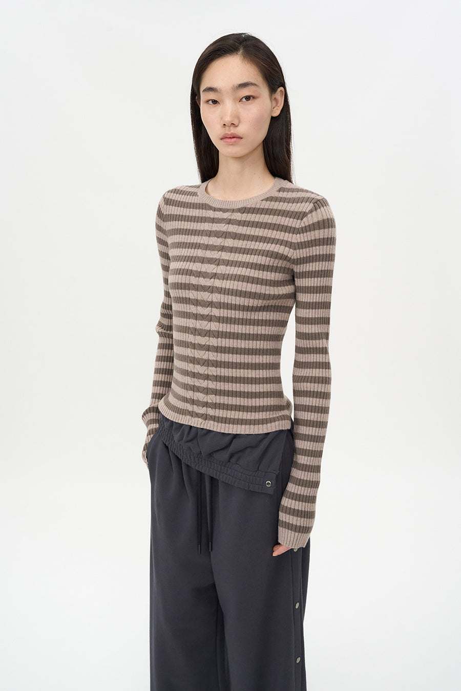 Stripe Cable Pullover PINK BEIGE