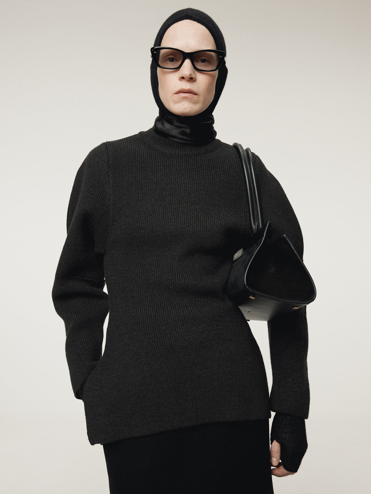 VOLUME SLEEVE STRUCTURED KNIT TOP (CHARCOAL GREY)