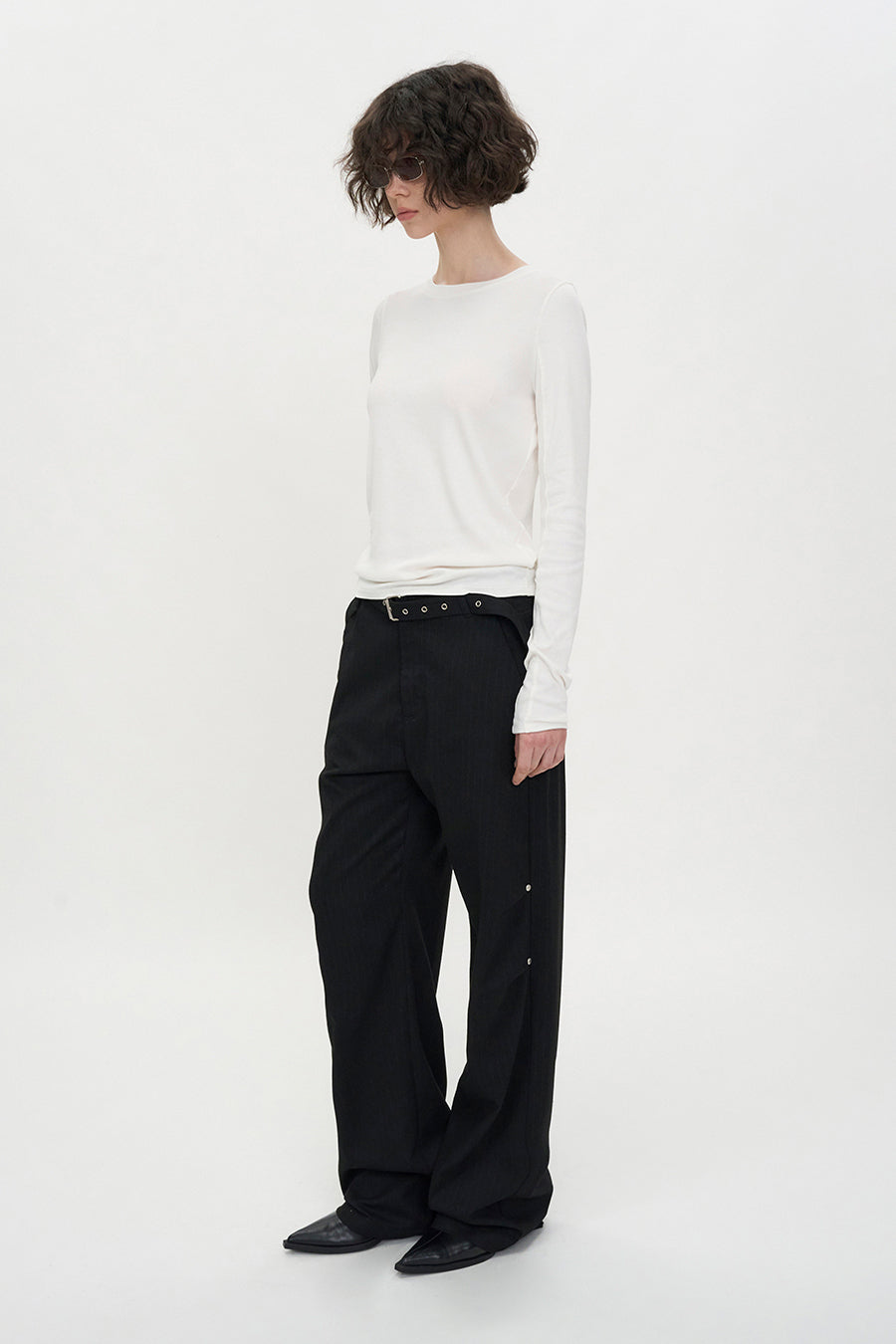 Belted Stripe Pants BLACK