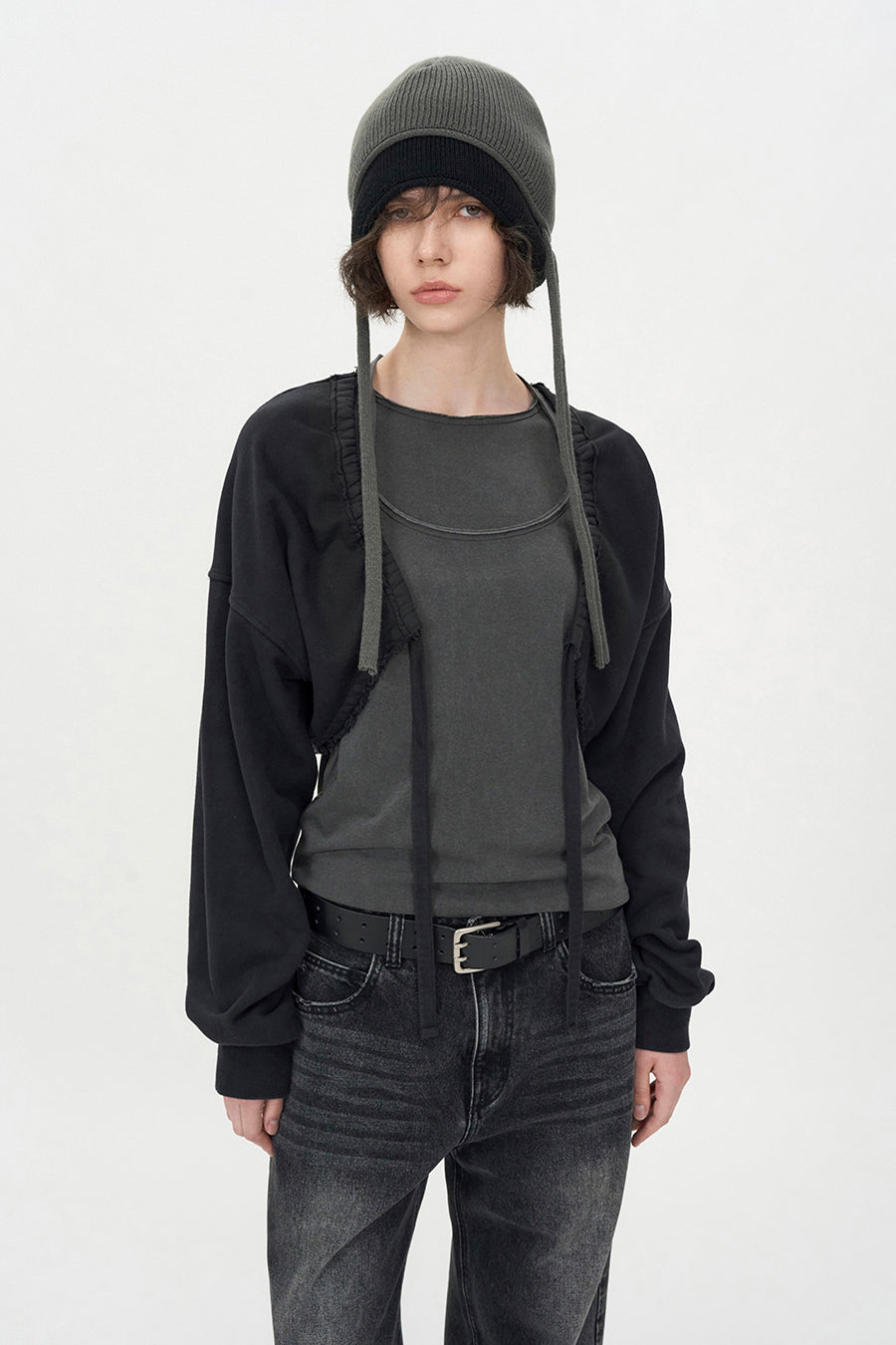 Cut-off Cotton Cardigan WASHED BLACK