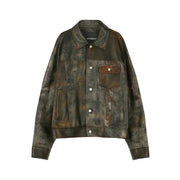 LEATHER PATCHWORK TRUCKER JACKET awa741m (BROWN)