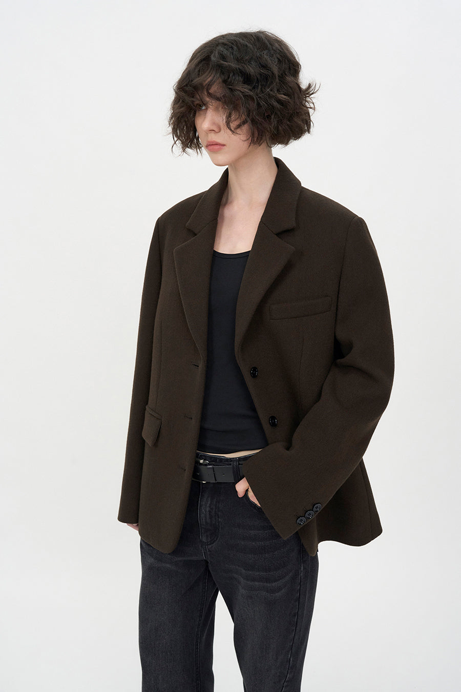 Wool Three-Button Blazer BROWN
