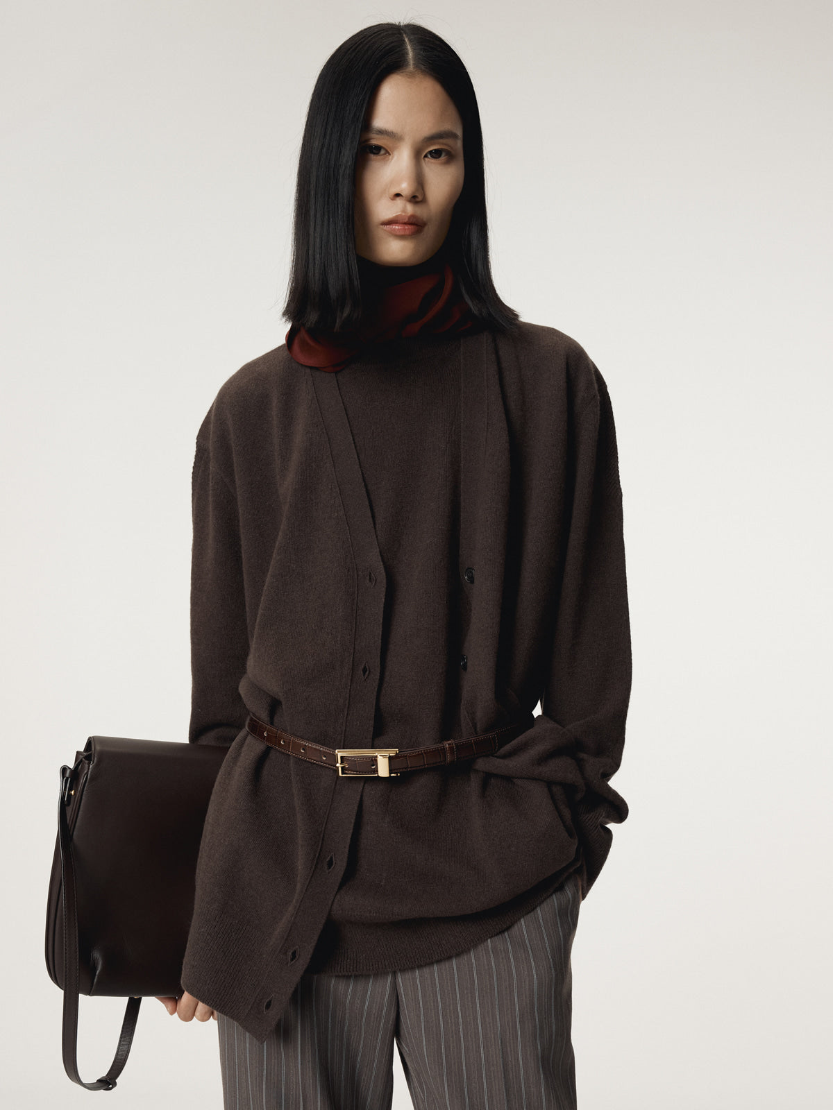 LAYERED CARDIGAN KNIT TOP (DARK CHOCOLATE)