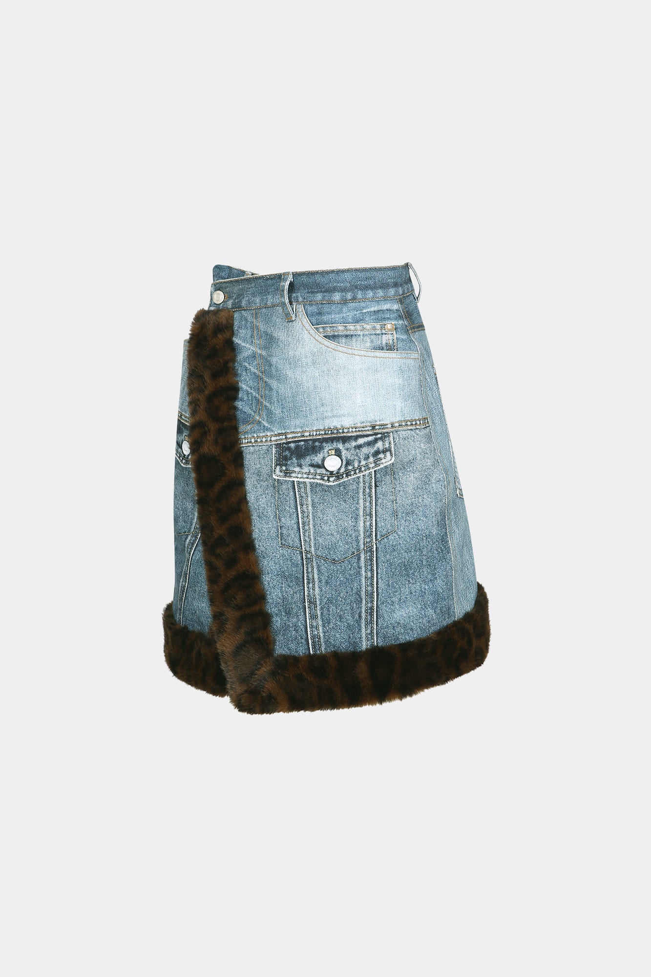 FUR-EDGED DENIM PRINT SKIRT apa863w(BLUE)