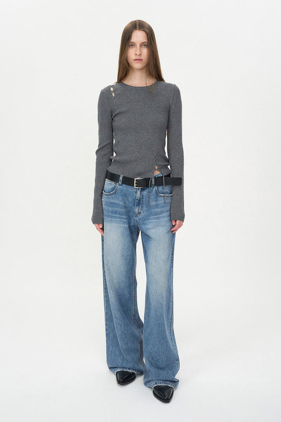 Double Pin Leather Belt BLACK