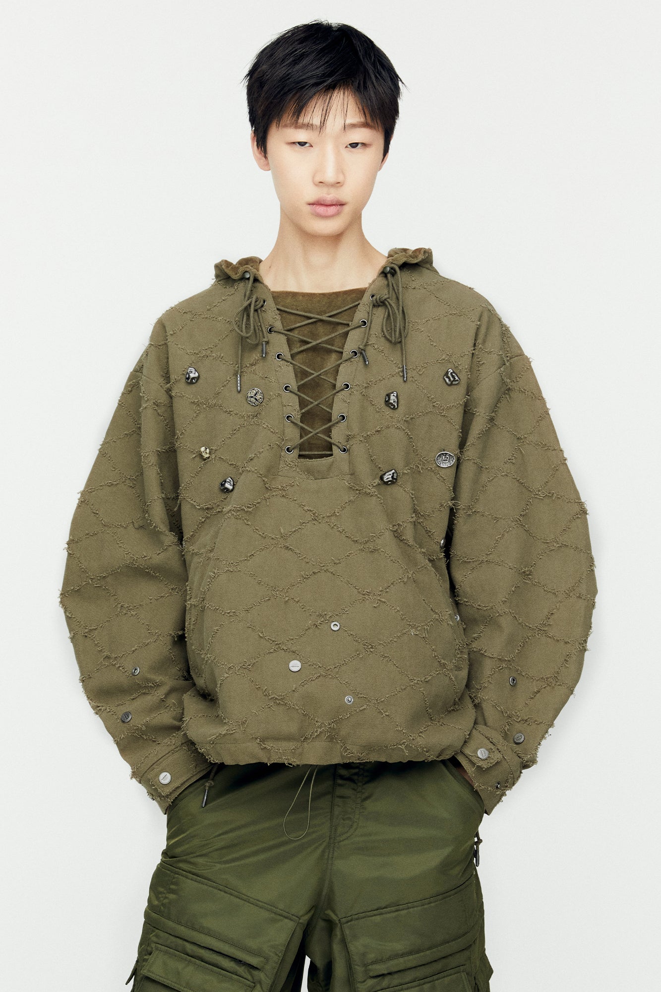 LACE-UP ANORAK HOODIE atb1141m(KHAKI)