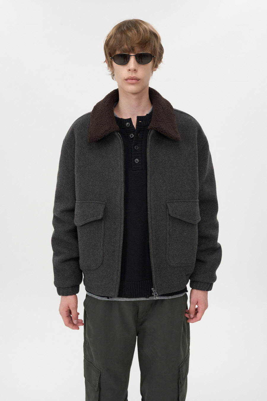 Detachable Collar Cashmere Blouson GREY BROWN
