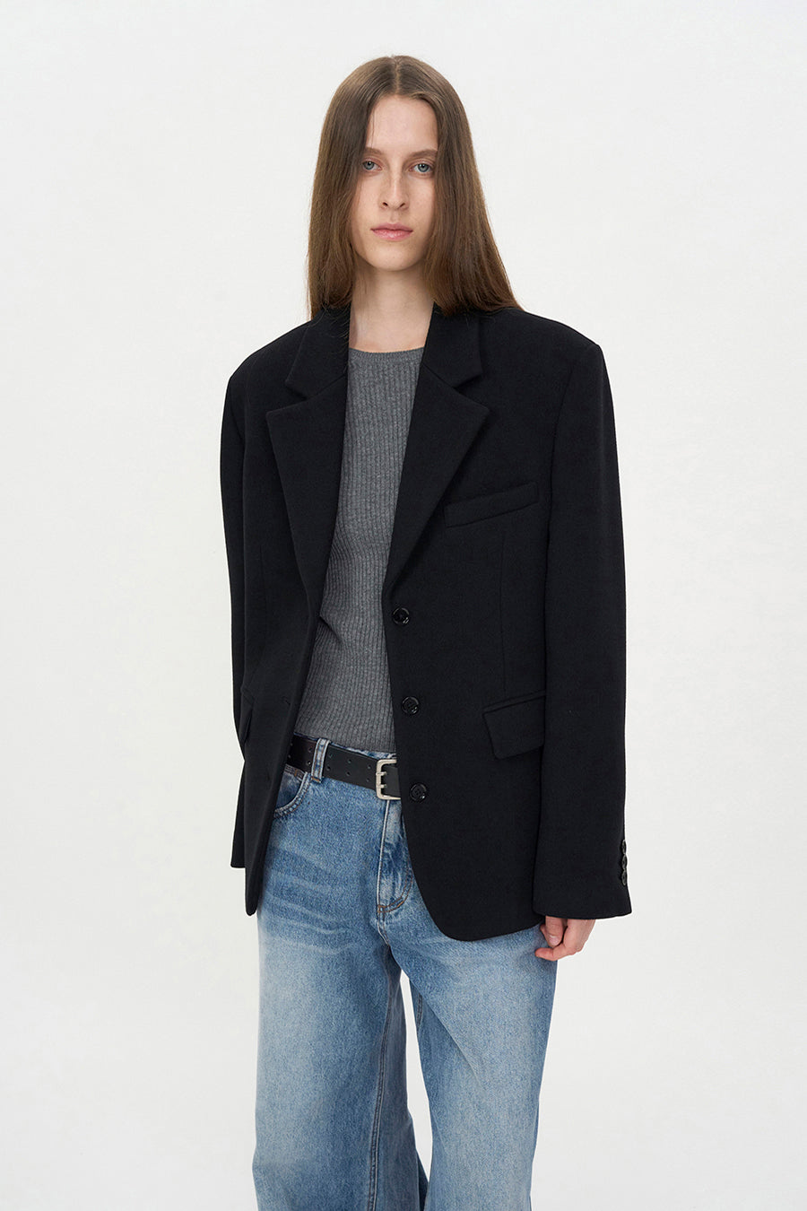Wool Three-Button Blazer BLACK