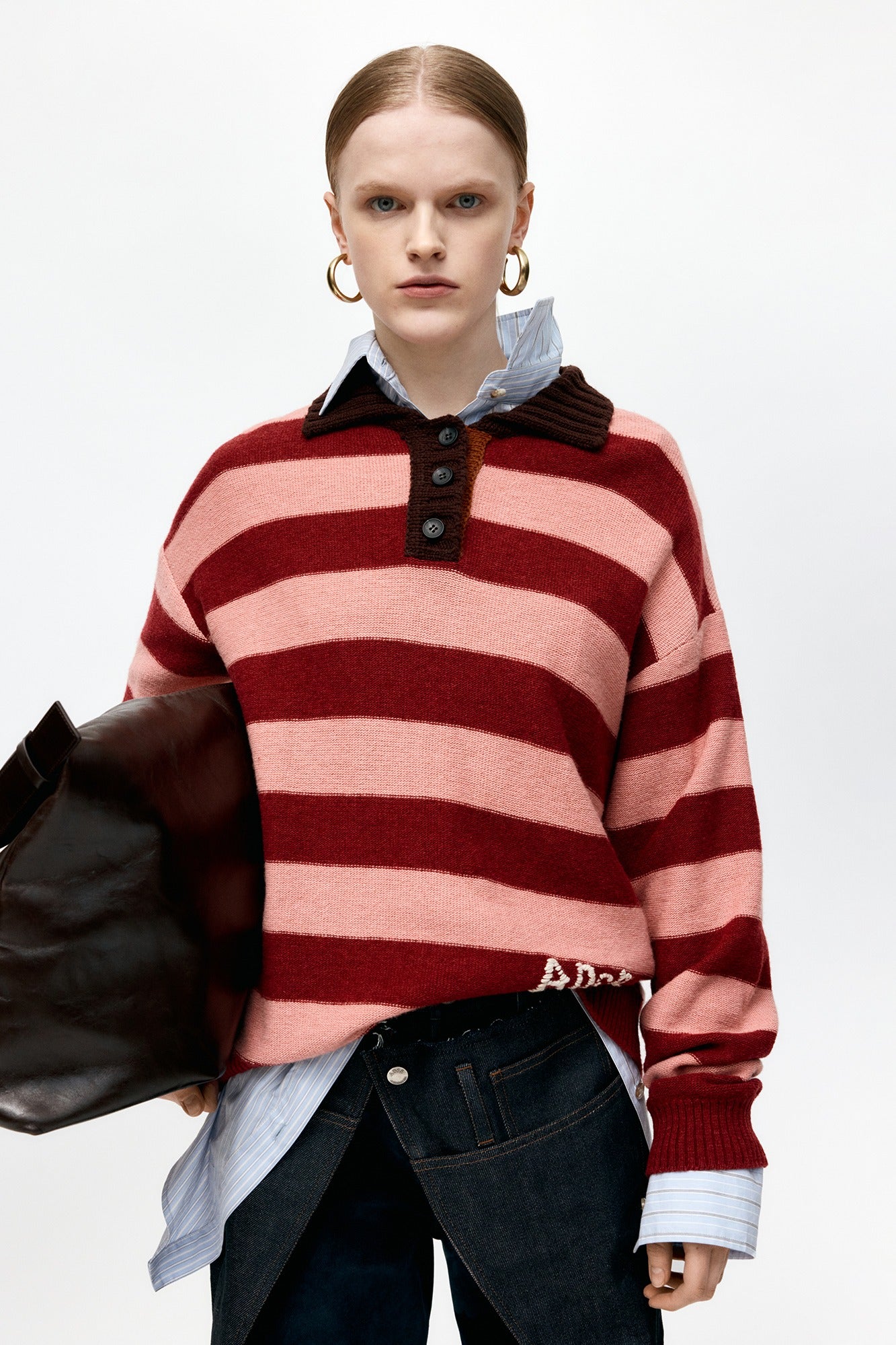 LOOSE-FIT STRIPE COLLAR SWEATER atb1399w (PINK/RED WINE)