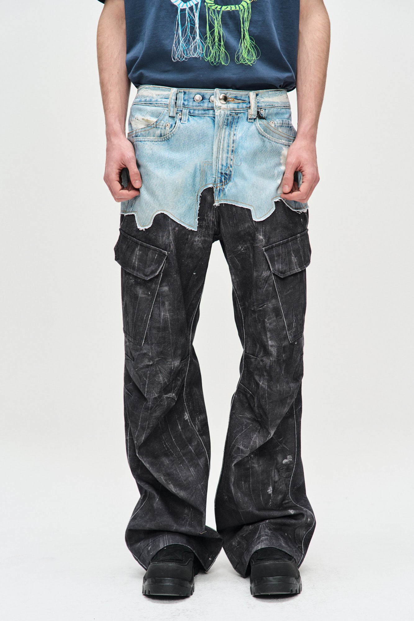 FAUX-DENIM & SCRATCH LEATHER PRINTED CARGO-PANTS