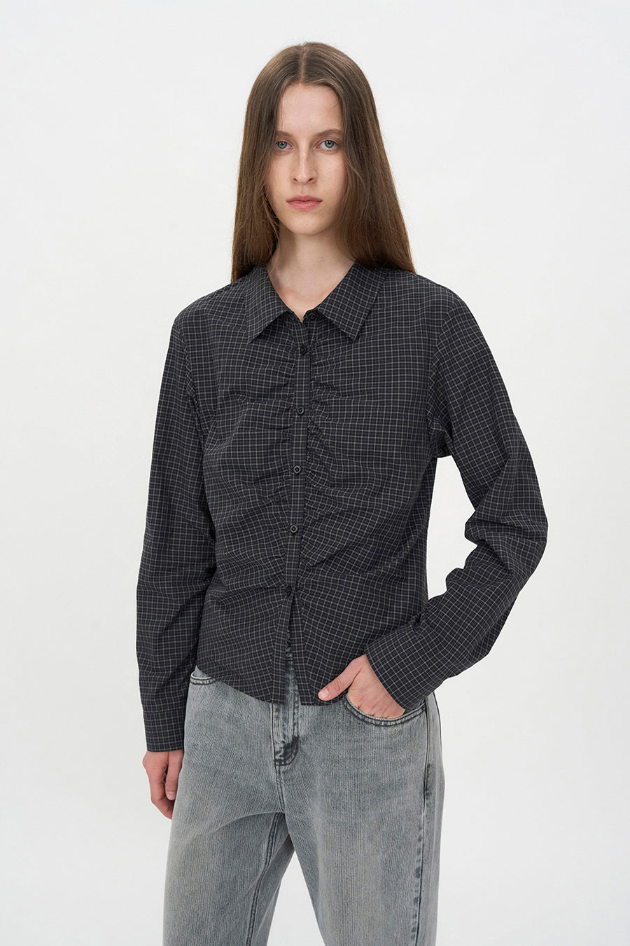 Check Shirring Shirt BLACK CHECK