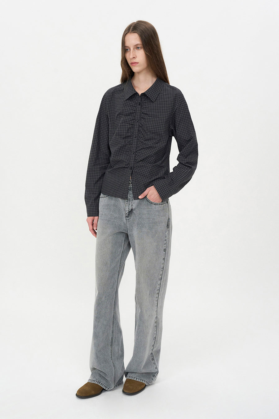 Check Shirring Shirt BLACK CHECK
